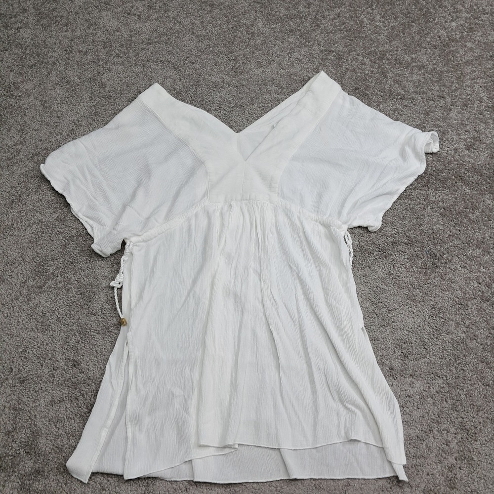 Lauren Ralph Lauren White Crinkle Gauze V-Neck Tunic Top Side Tie Size M